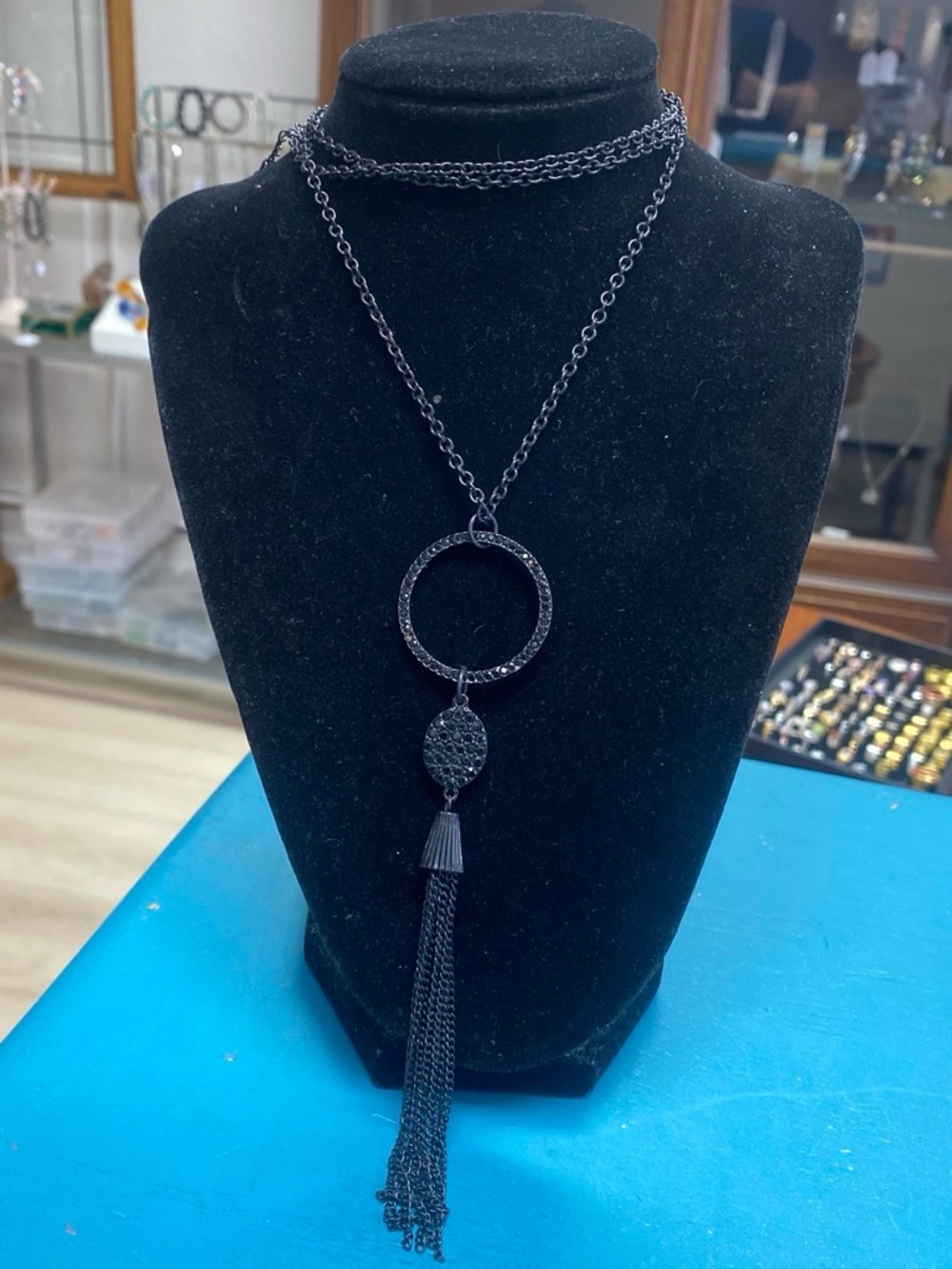 Black crystals Black Tassel Pendant Long Necklace - Women Jewelry